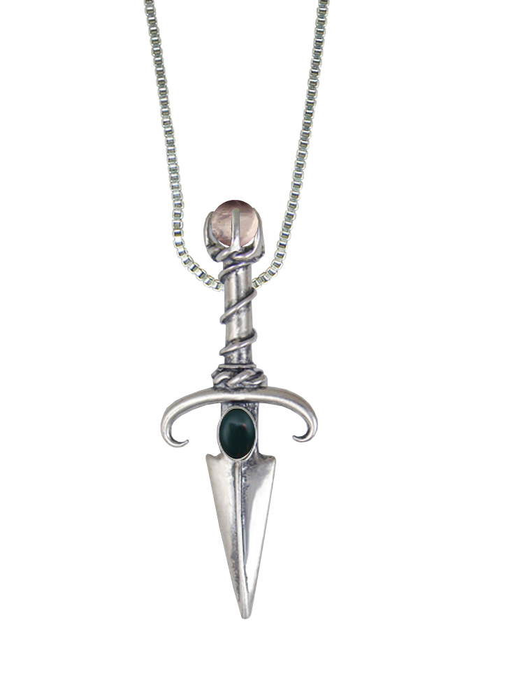 Sterling Silver Black Prince's Knife Dagger Pendant With Bloodstone